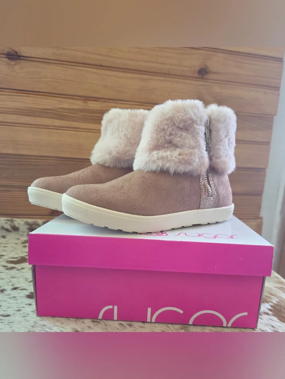 Sugar Girls Pink Faux-Fur Suede Ankle Boots
